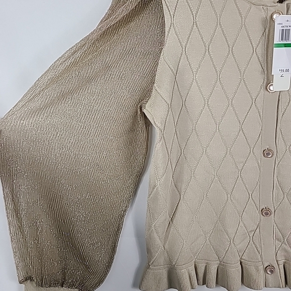 NEW Rio & Rian Scoop Neck Long Sleeve Gold Mesh Lutex Button Up Cardigan Sz L - Picture 2 of 7